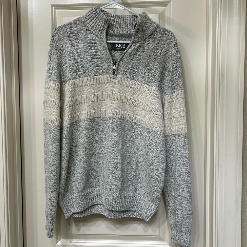 BKE Gray and Cream Zip Up Sweater with Textured Knit